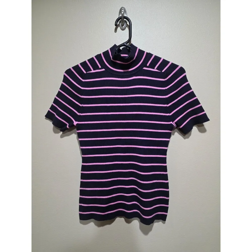 Free Assembly Striped Turtleneck Sweater Black Pink Ribbed Short Sleeve Top M - Picture 2 of 8